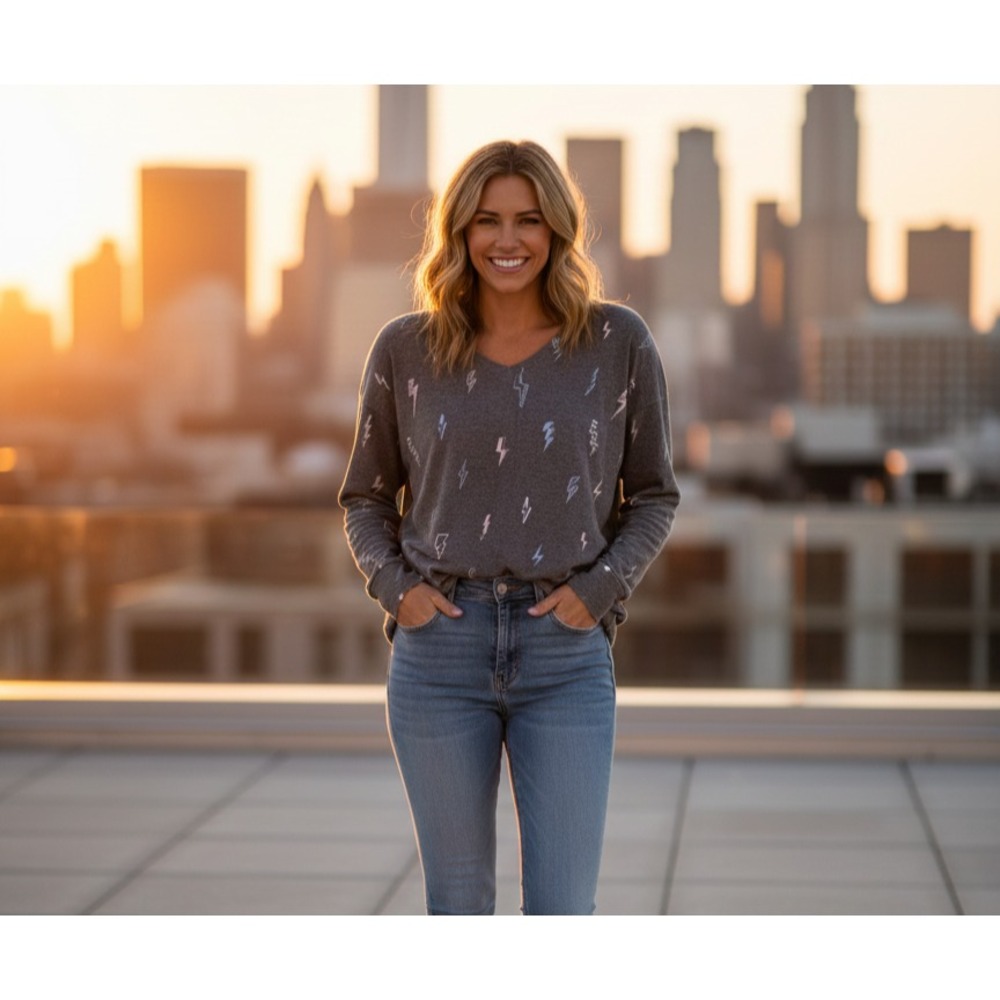 PJ Salvage Women's Medium Gray V-Neck‎ Long-Sleeve Lightning Bolt Print Sweater